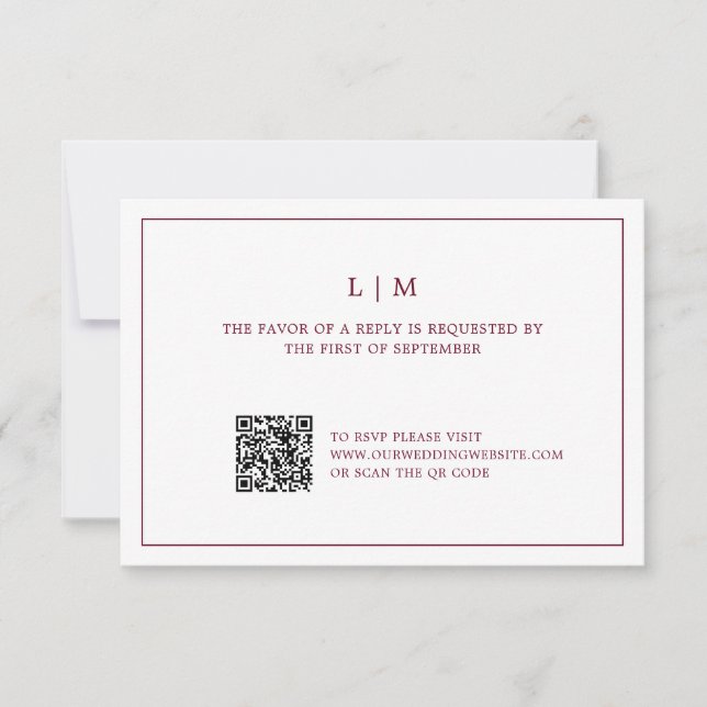 Enkel Burgundy Monogram QR-kod Elegant bröllop OSA Kort (Framsida)