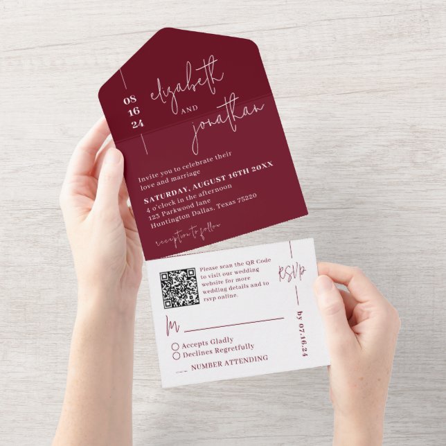 Enkel Burgundy QR-kodklassskript Bröllop (Tearaway)