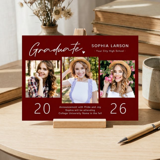 Enkel Burgundy Red 3 Photo Collage Studenten Meddelande (Skapare uppladdad)