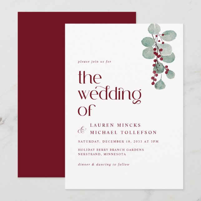 Enkel burgundy Vine Winter Wedding Modern Inbjudningar (Fram/baksida)