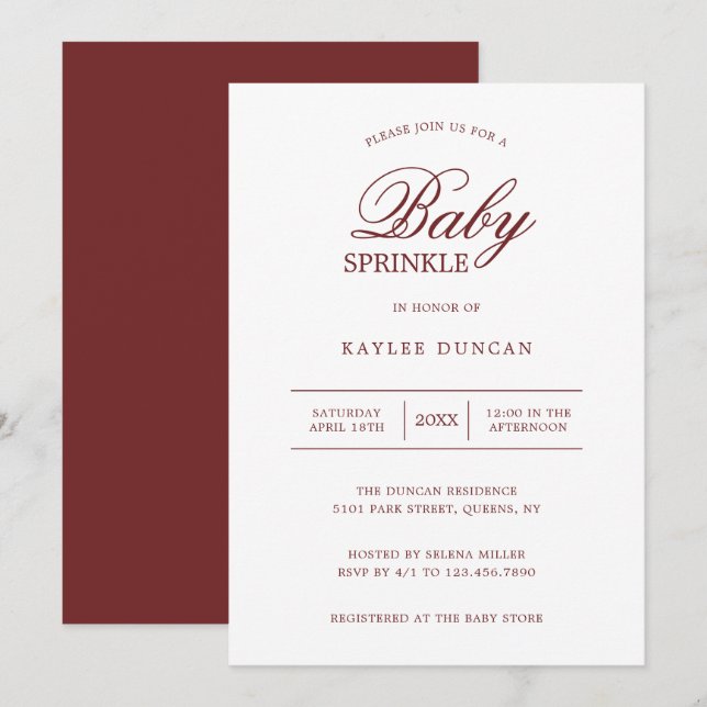 Enkel Burgundy White Gender Neutral Baby Sprinkle Inbjudningar (Fram/baksida)
