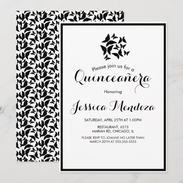 Enkel Butterflies Black White Quince Sweet 16 Inbjudningar (Fram/baksida)