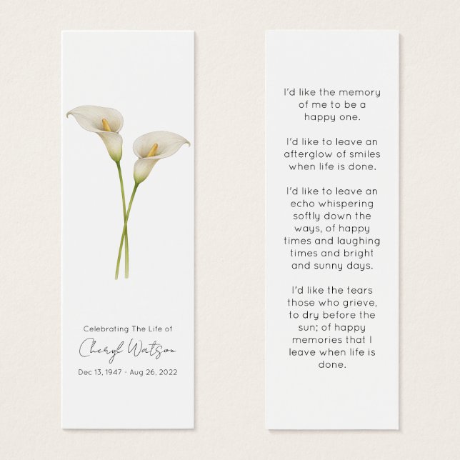 Enkel Callalily Begravningsminnesmärke Litet Visitkort (Framsida & baksida)