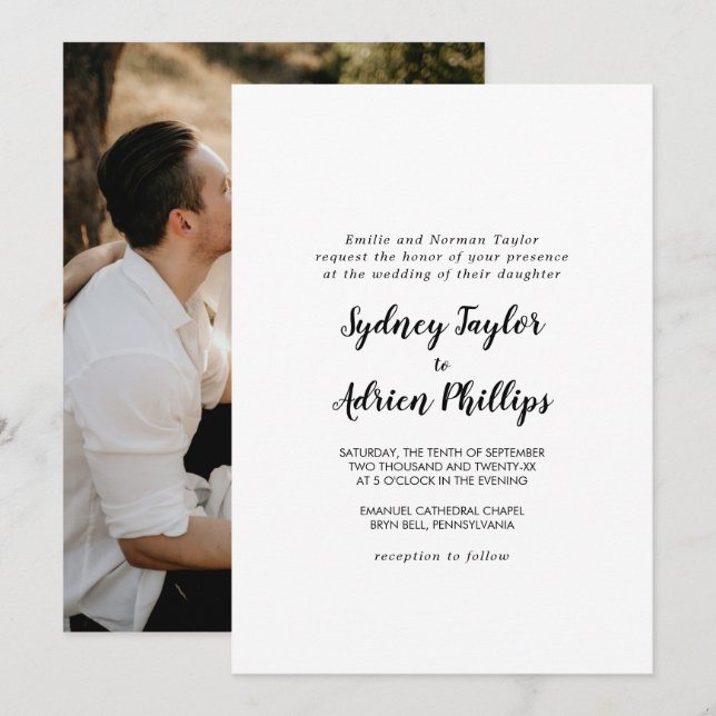 Enkel calligrafi Foto Formal Bröllop Inbjudningar (Fram/baksida)
