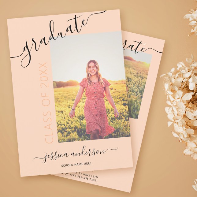 Enkel calligrafi Pastel Peach Studenten 2 Foto Inbjudningar (Skapare uppladdad)