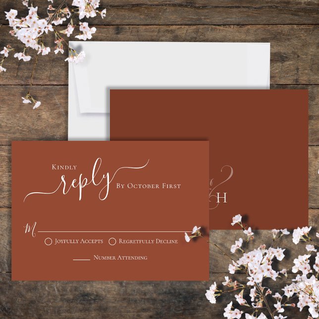 Enkel calligrafi Terracotta Classic Guest OSA (Beautiful terracotta wedding rsvp, traditional RSVP choice options on the front. )