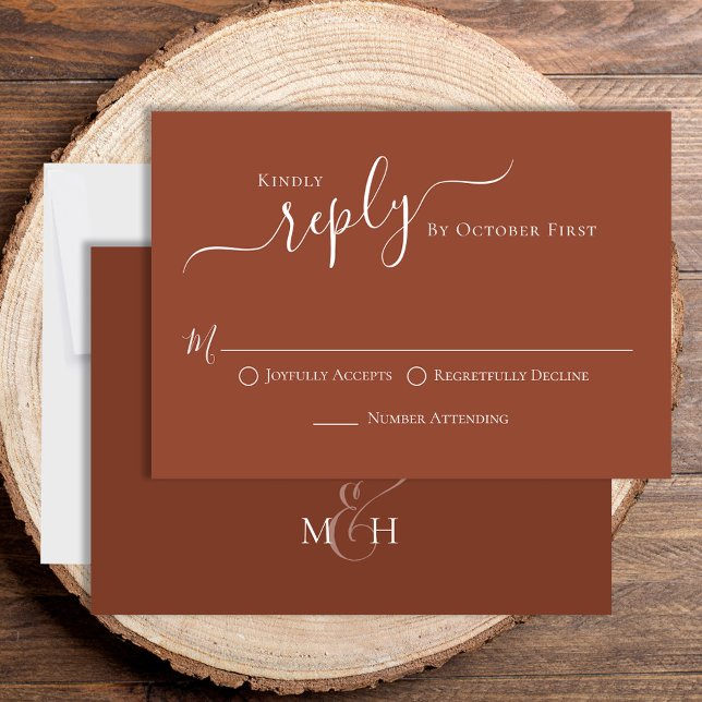 Enkel calligrafi Terracotta Classic Guest OSA (Beautiful terracotta wedding rsvp, traditional RSVP choice options on the front. )