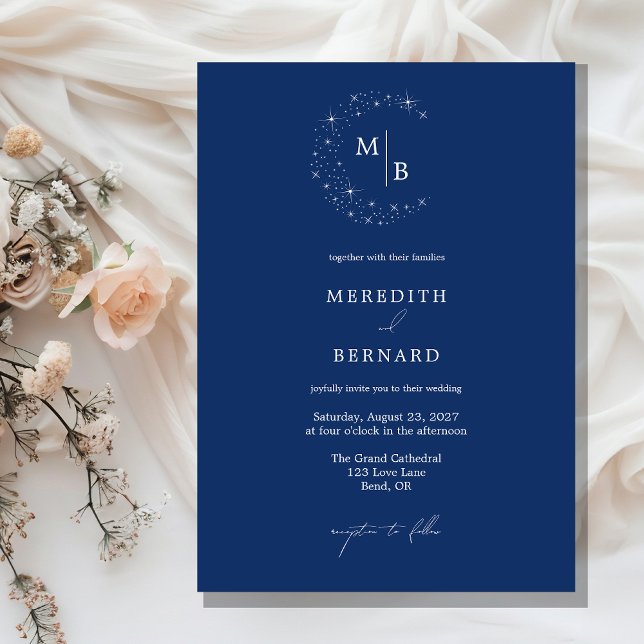 Enkel Celestial Elegant Blå Monogram Bröllop Inbjudningar (Skapare uppladdad)