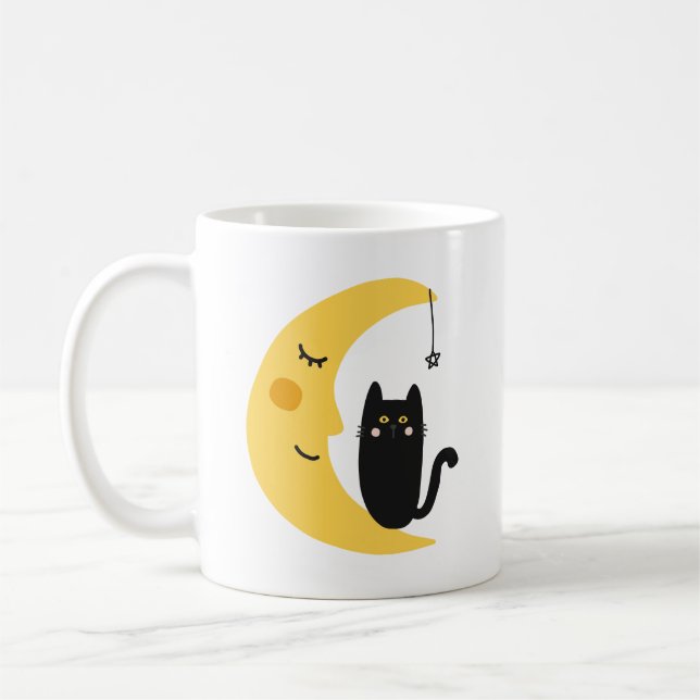 Enkel charming Whimsical Night Crescent Måne Cat Kaffemugg (Vänster)
