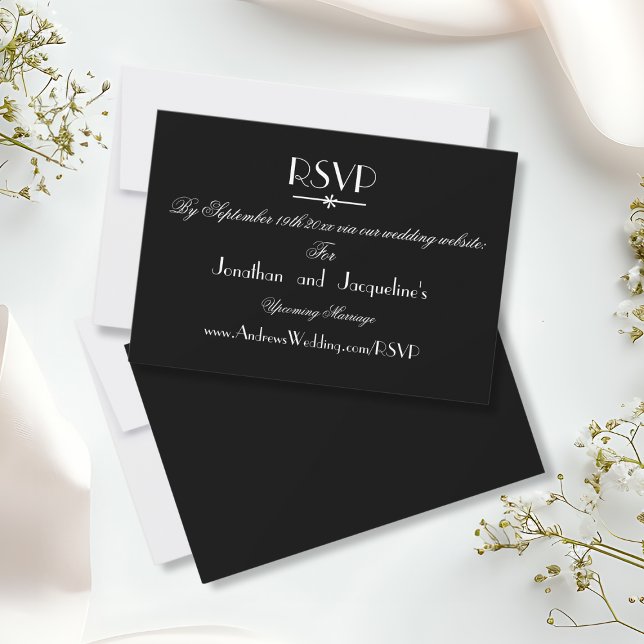 Enkel Chic B+W-Bröllop-svarskort för OSA på webbpl (Simple, Elegant Chic Black and White Wedding Website RSVP Response Cards.)