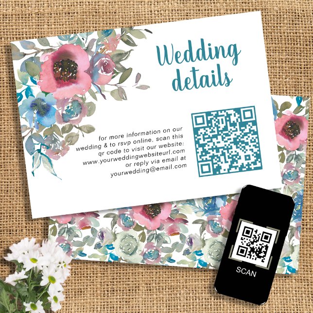 Enkel Chic Blå & Rosa Akvarell Blommig QR-kod Tilläggskort (Skapare uppladdad)