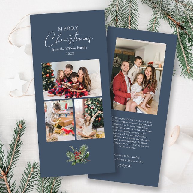 Enkel Chic Blue 3 Photo Collage jul-blomma Julkort (Skapare uppladdad)