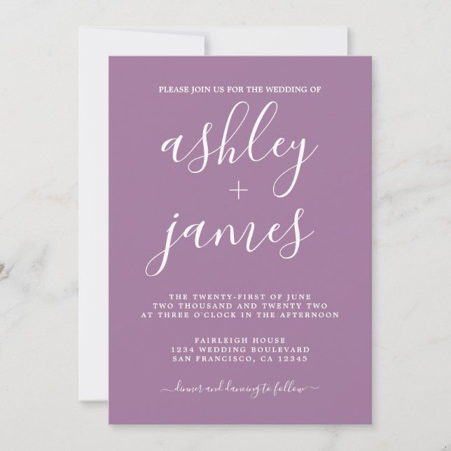 Enkel Chic Calligraphy Dusty Lavender Bröllop Inbjudningar (Framsida)