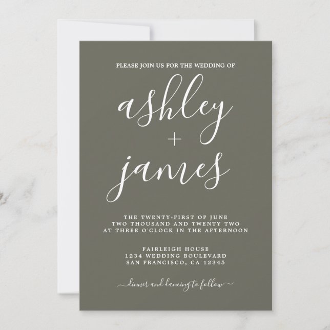 Enkel Chic Calligraphy Dusty Olive Bröllop Inbjudningar (Framsida)