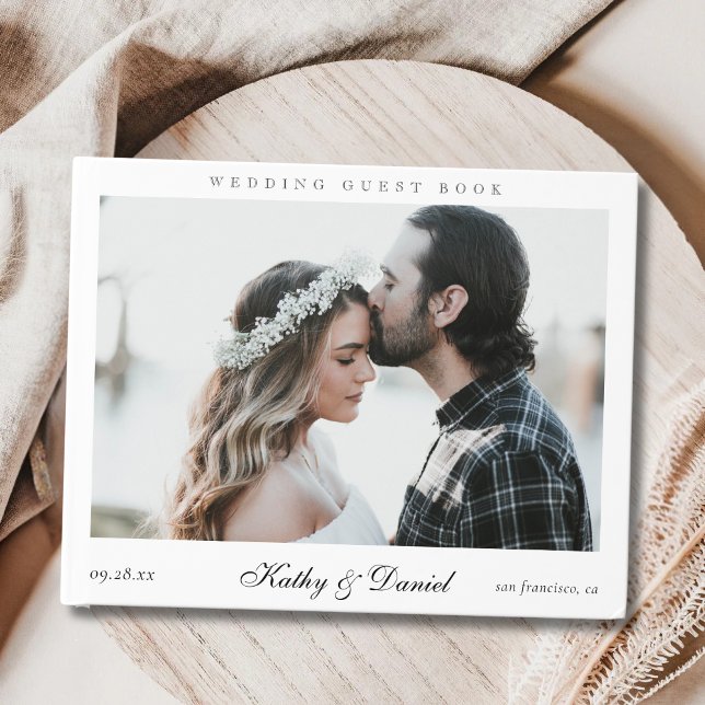 Enkel Chic Elegant Kalligrafi Foto Bröllop Gästböcker (Chic elegant calligraphy photo wedding guest book captures heartfelt memories with timeless charm)