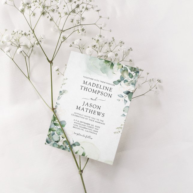 Enkel Chic Eucalyptus Tvättar Guld Greenery Bröllo Inbjudningar (Skapare uppladdad)