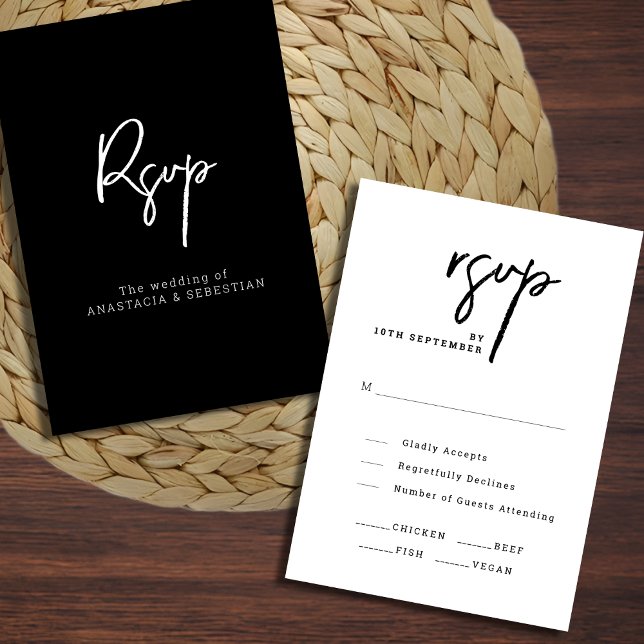 Enkel Chic för Elegant, svart och vit Bröllop OSA Kort (Simple Elegant Script Chic Black and White Wedding RSVP Card)