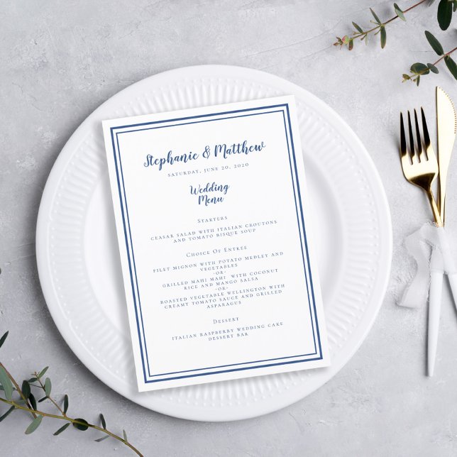 Enkel Chic i Bröllop-menyn Klassisk blå ram Meny (Simple Wedding Menu Classic Blue Framed Chic Guest Dinner Menu)