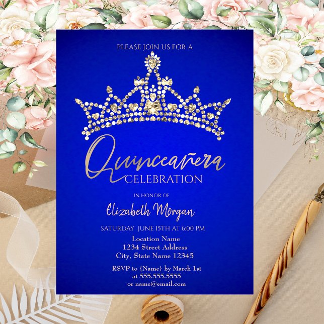 Enkel Chic Krona Blue Quinceañera Inbjudningar (Skapare uppladdad)