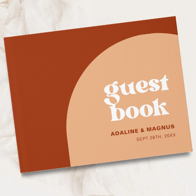 Enkel chic persikoterrakotta valv vigselceremoni gästböcker (Simple chic peach terracotta arch guest book captures heartfelt messages with warm boho charm.)