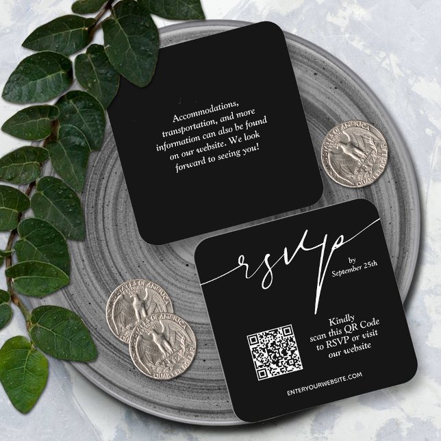 Enkel Chic QR-kod Bröllop Tilläggskort (Simple QR code black wedding RSVP cards 2.5" x 2.5")