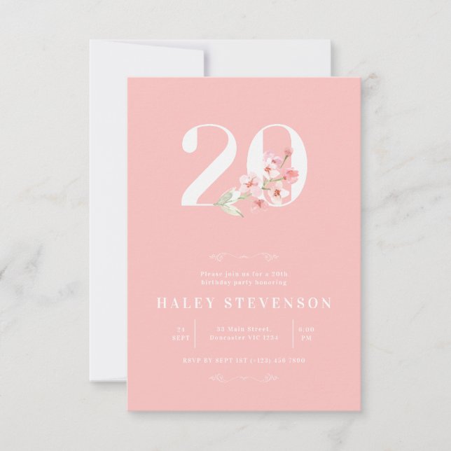 Enkel Chic Rosa Vit Blommig 20-årsdag Inbjudningar (Framsida)