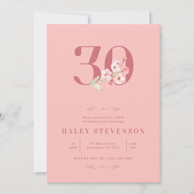 Enkel Chic  Rosa Vita Blommigten 30års födelsedag Inbjudningar (Framsida)