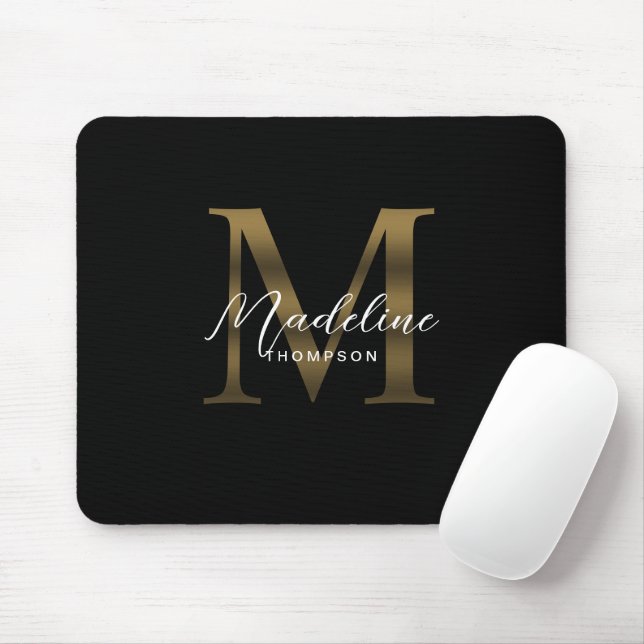 Enkel Chic, svart, svart, Guld-monogram Musmatta (Med mus)