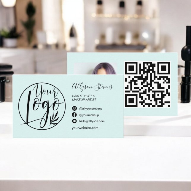 Enkel chic teal-hårsmakeup fotot logotyp qr-kod visitkort (Simple chic teal hair makeup photo logo qr code business card)