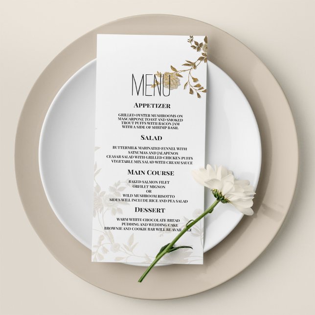 Enkel chic, vit guld glitter blommigt Bröllop-meny Program (Simple chic white gold glitter floral Wedding Menu)