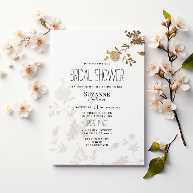 Enkel chic vit guld glitter flora Bröllopsdusch Inbjudningar (Simple chic white gold glitter flora Bridal Shower)