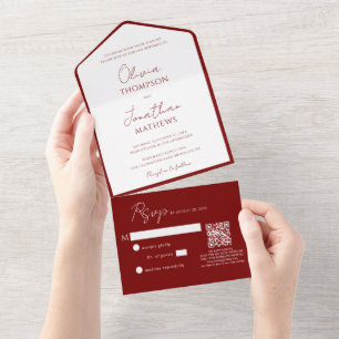 Enkel Crimson Red Gräns-skript QR-kod Bröllop