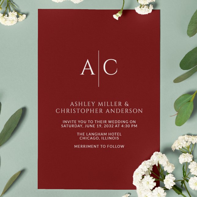 Enkel Crimson Red Monogram Bröllop Inbjudningar (Skapare uppladdad)