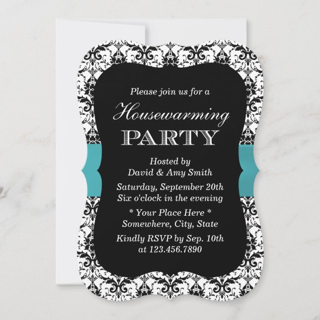 Enkel Damask & Teal Ribbon Houseuppvärmning Party Inbjudningar (Framsida)