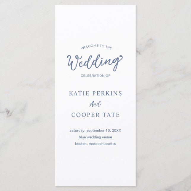 Enkel dammblå Typsnitt Modern Bröllop Program (Framsida)