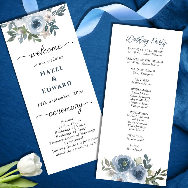 Enkel dammblå vattenfärg blommigt Bröllop Program (Skapare uppladdad)