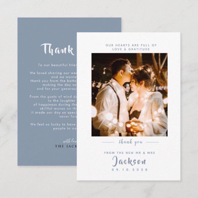 Enkel dammblått elegant med foto Bröllop Tack Kort (Fram/baksida)