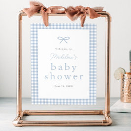 Enkel dammig blå gingham pojke baby shower välkoms poster