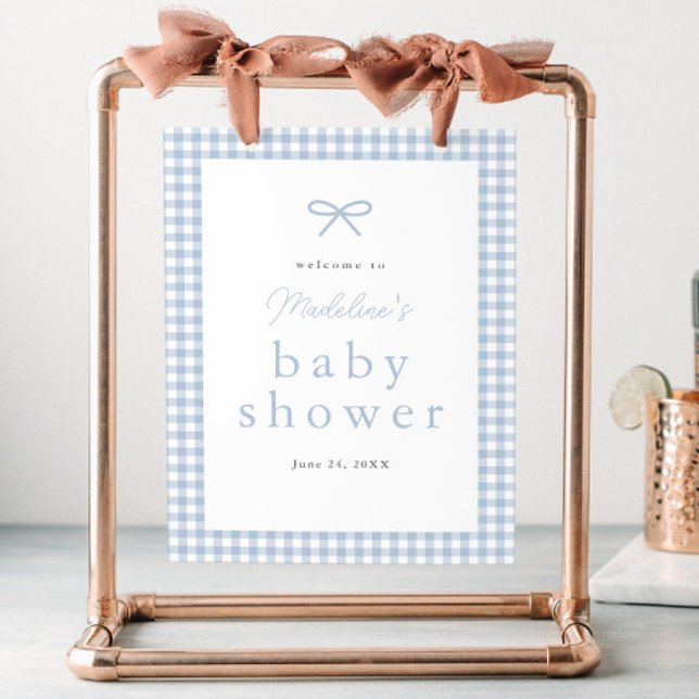 Enkel dammig blå gingham pojke baby shower välkoms poster (Dusty blue bow gingham boys baby shower welcome sign.)