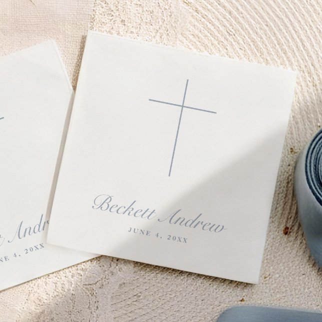 Enkel dammig blå korsmanus dop pappersservett (Simple Dusty Blue Cross Script Baptism, Christening or First Holy Communion Napkins.)