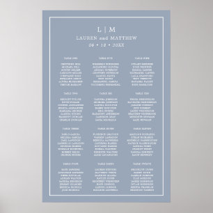 Enkel dammig blå monogram bröllops sittplatsschema poster