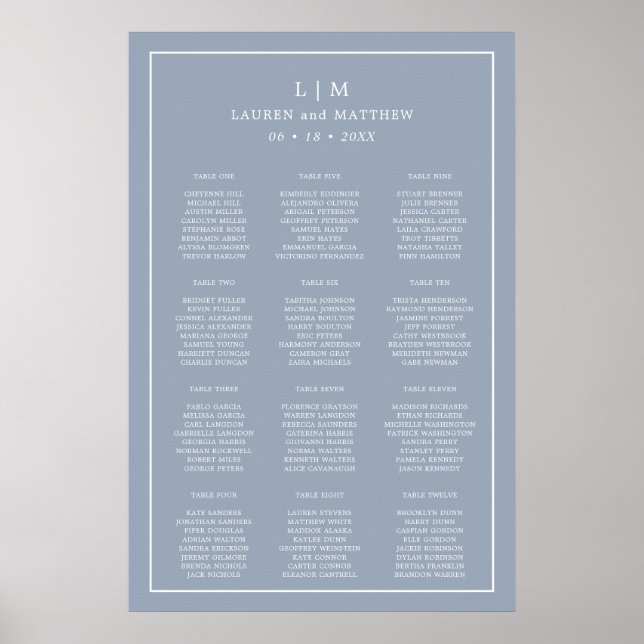 Enkel dammig blå monogram bröllops sittplatsschema poster (Framsidan)