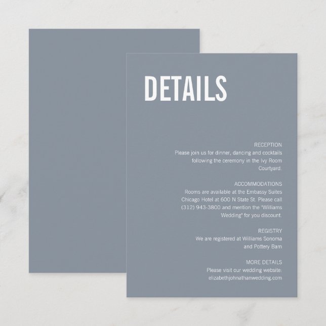 Enkel dammig blå typografi Bröllopsdetaljer Tilläggskort (Fram/baksida)