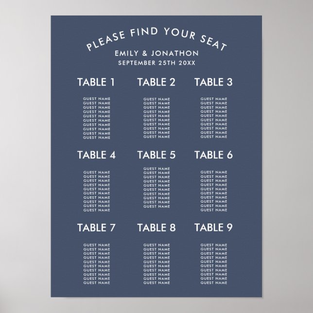 Enkel dammig marinblå bröllops sittplatskarta poster (Framsidan)