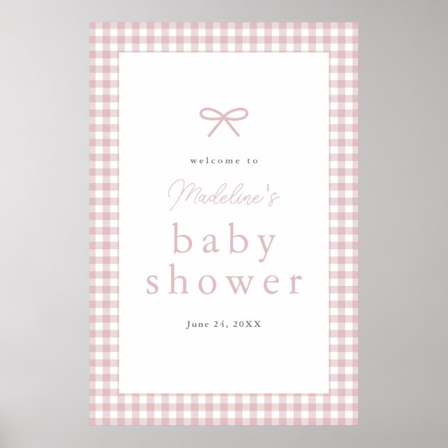 Enkel dammig rosa gingham flicka baby shower välko poster (Framsidan)