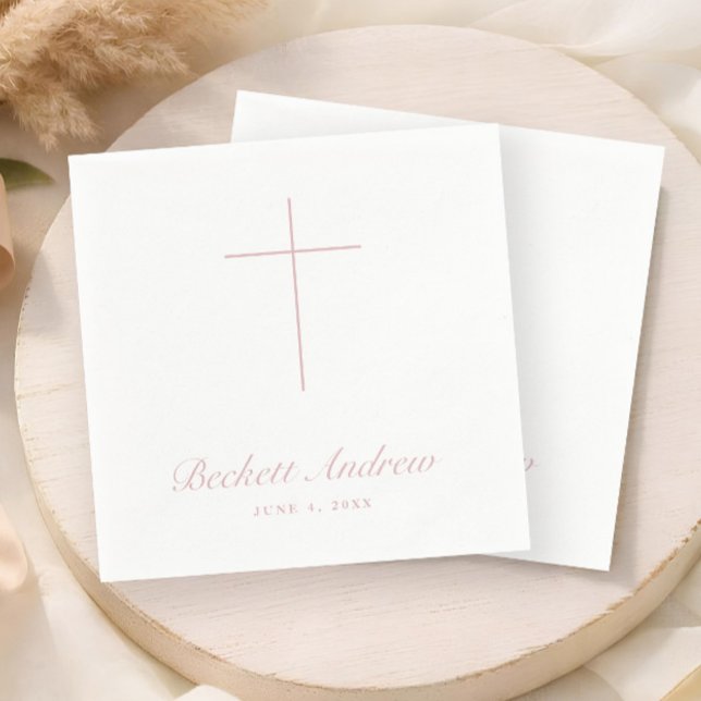 Enkel dammig rosa korsmanuskript Dop Pappersservett (Simple Dusty Pink Cross Script Baptism, Christening or First Holy Communion Napkins.)