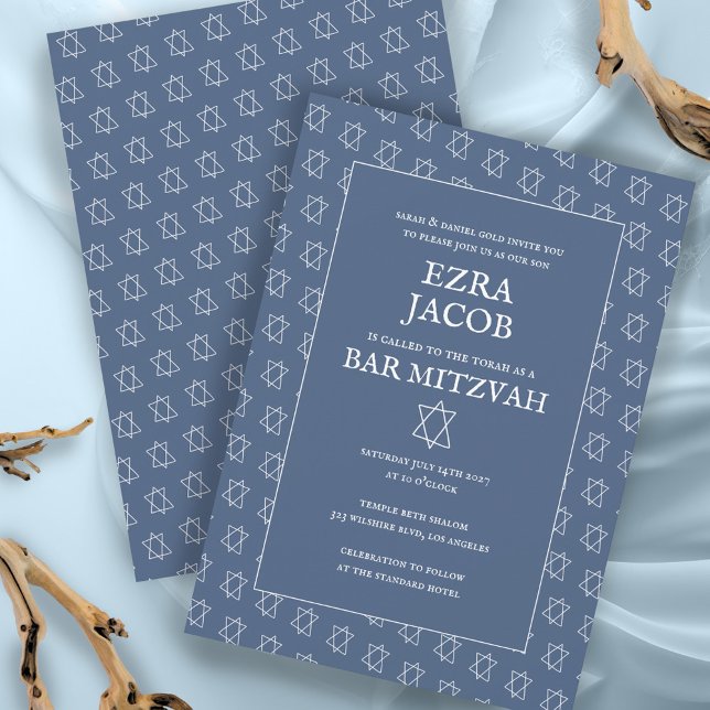 Enkel Davidstjärna Anpassad B'nai Bat Bar Mitsva Inbjudningar (Simple Star of David Pattern Minimalist Elegant Custom B'nai Bat Bar Mitzvah Invitation Blue White
)