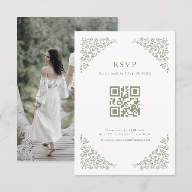 Enkel delikat Blommigt Sage Grönt QR-kodfoto OSA Kort (Fram/baksida)