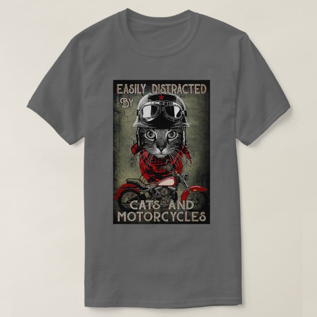 Enkel distraherad av katt och motorcyklar, svart c t shirt (Design framsida)