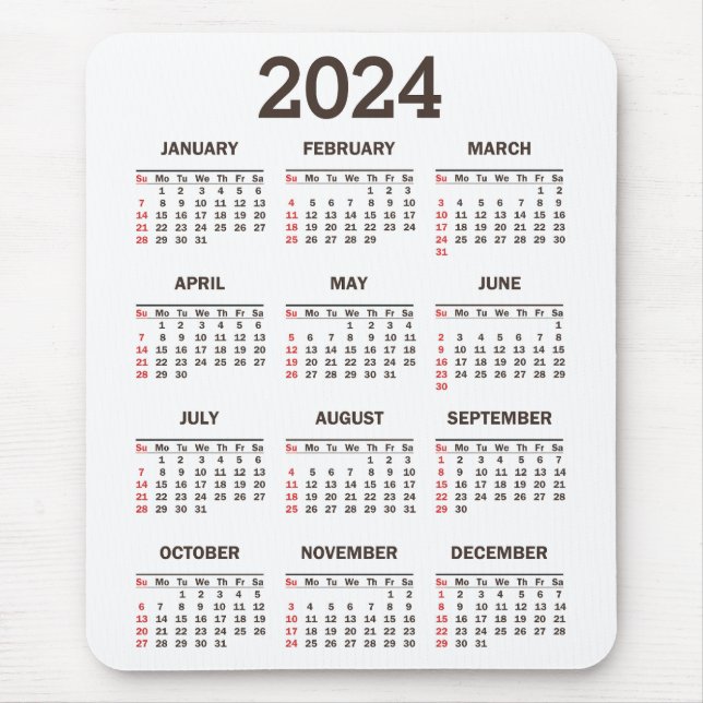 Enkel djärv 2024-årskalender på en snabbkalender musmatta (Framsidan)